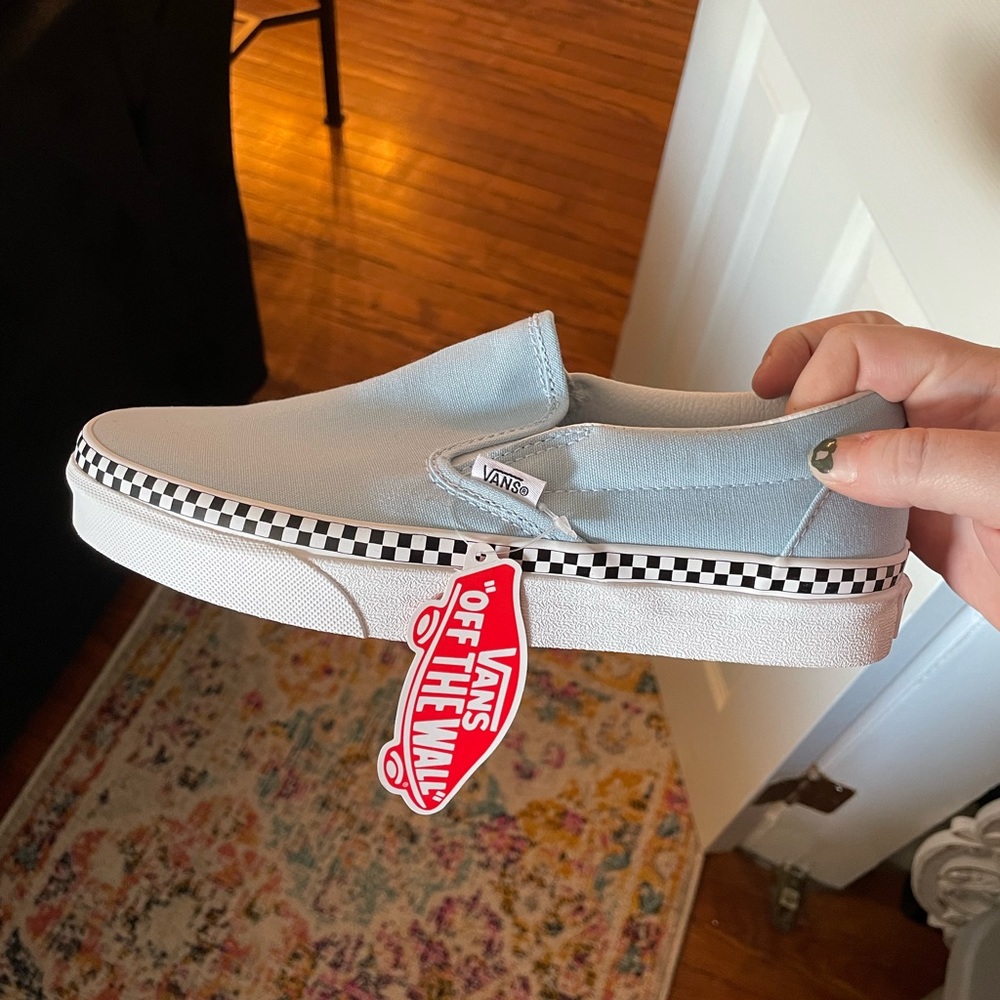 SOLD ——— Blue Vans with Checkered Strip on Sole